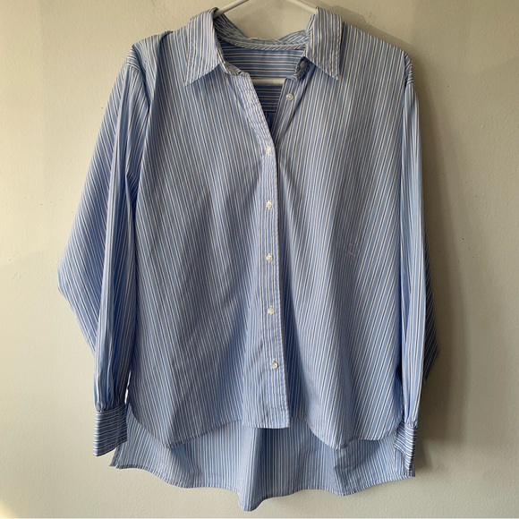 Doen Hava Cotton Oversized Button Down Shirt Blouse Top Santorini Stripe Blue - Picture 8 of 12